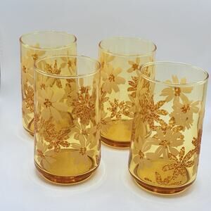 Set of 4 Vintage Mid Century Amber Glasses with Embellished Flowers Brown Tan